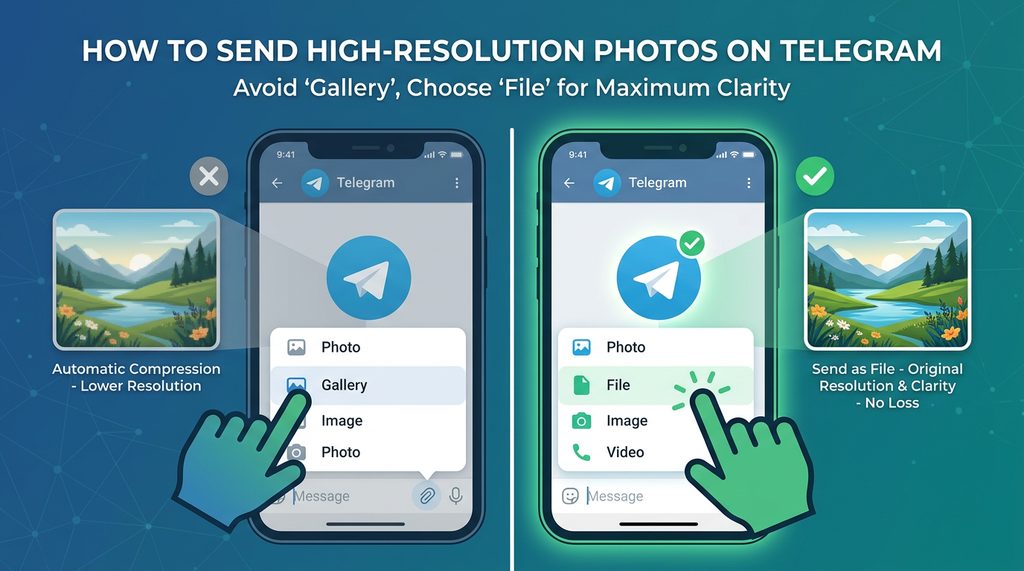 一个手机屏幕界面，显示在 Telegram 点击回形针图标后选择“文件”选项的对比操作图