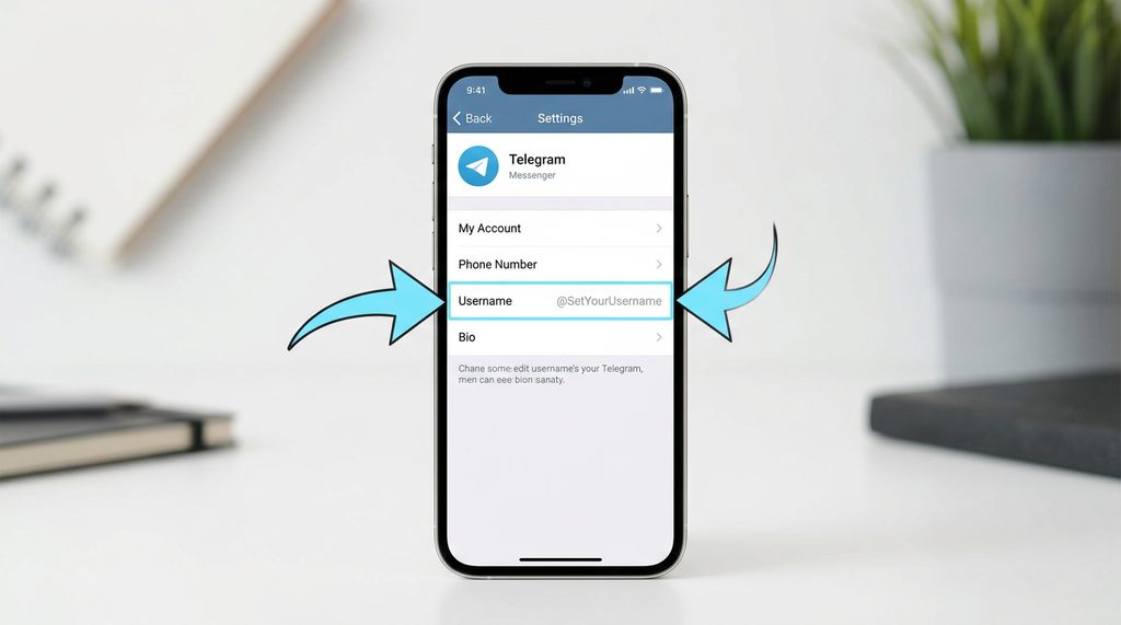 一张简洁的手机界面截图，展示纸飞机设置页面中“用户名”选项的箭头引导，风格干净专业