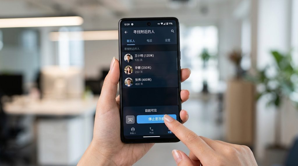 手机屏幕显示纸飞机‘寻找附近的人’界面，手指点击‘停止显示我’按钮的特写，背景简洁模糊