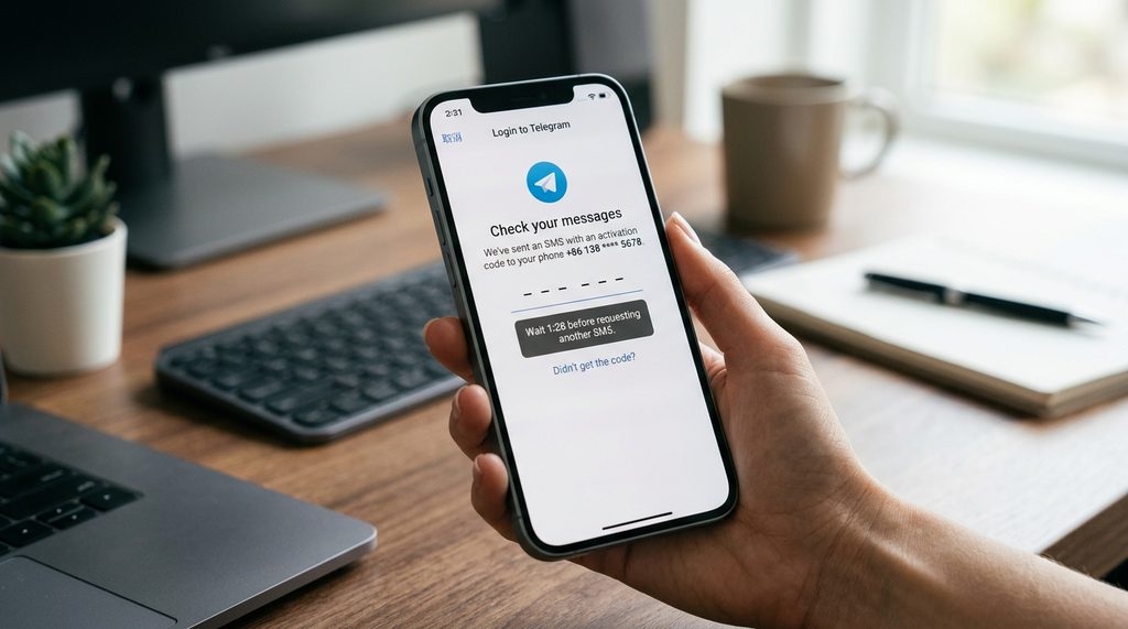 一部智能手机显示Telegram登录页面，屏幕上出现验证码倒计时的特写镜头，背景是柔和的办公室桌面环