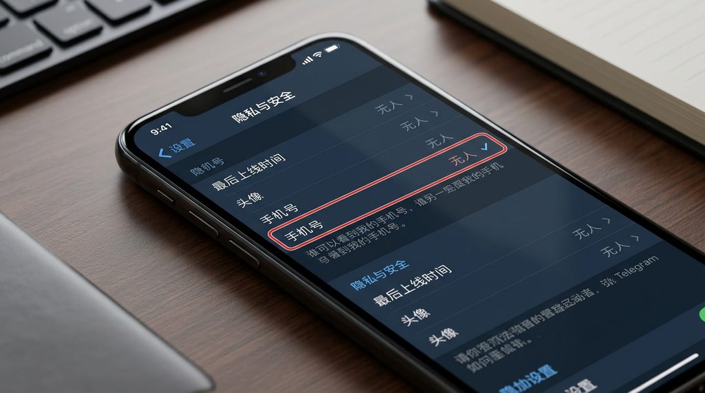 手机隐私设置界面的特写，重点标注“手机号可见性”选项被勾选为“无人”的画面