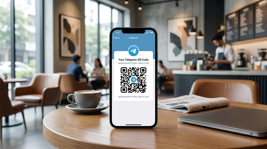 纸飞机个人设置页面，展示个人二维码生成界面，背景为简约的商务咖啡馆环境，手机屏幕显示清晰的QR码