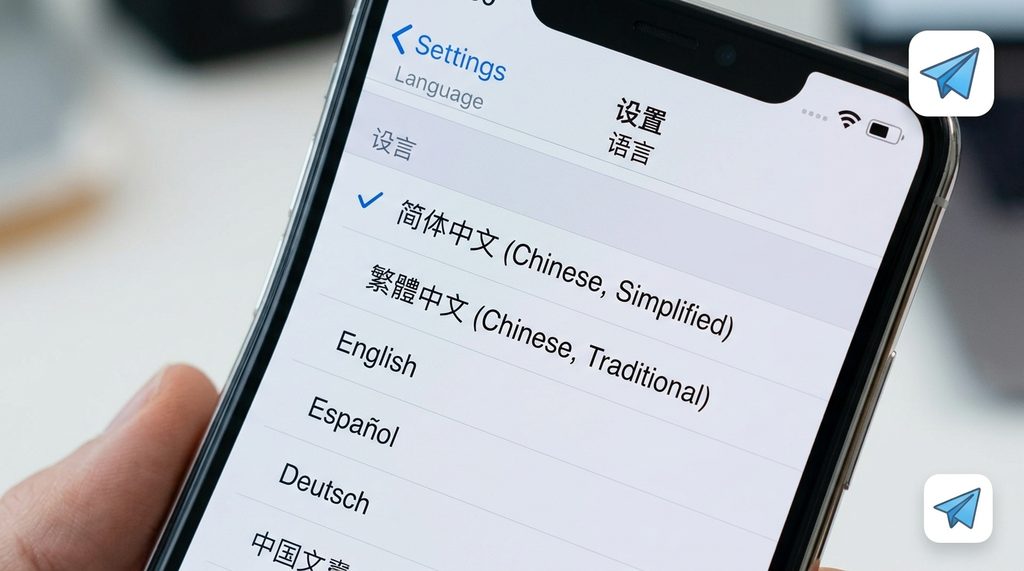 纸飞机软件内的语言选择界面，界面上清晰勾选了简体中文选项