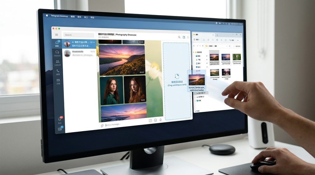 桌面端 Telegram 界面，用户通过拖拽方式向频道上传精美摄影作品的动态场景