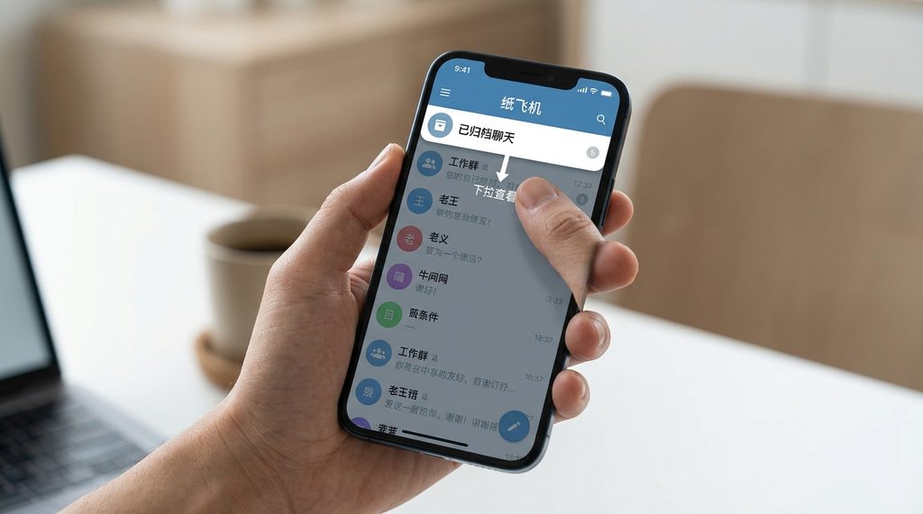 手持智能手机演示纸飞机下拉界面,顶部清晰显示“已归档聊天”文件夹的实拍图
