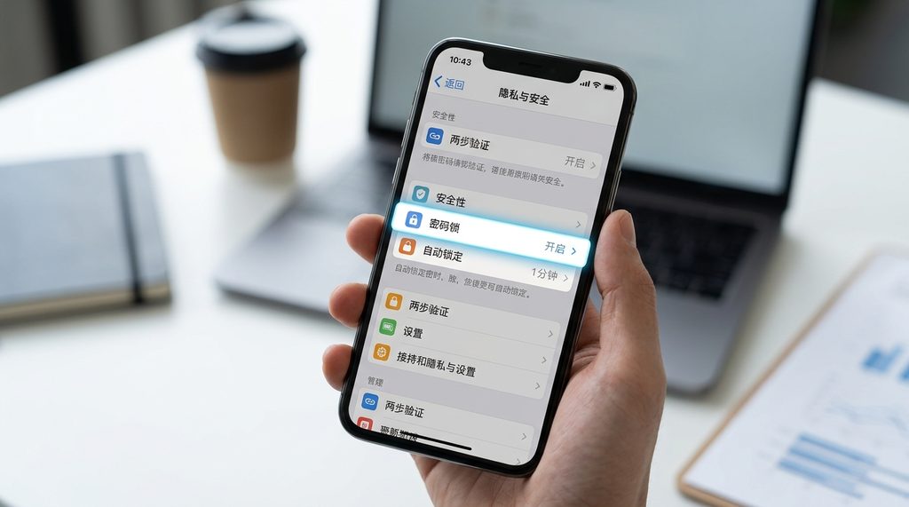 纸飞机App隐私设置界面，高亮显示密码锁与自动锁定功能选项，手机屏幕视角