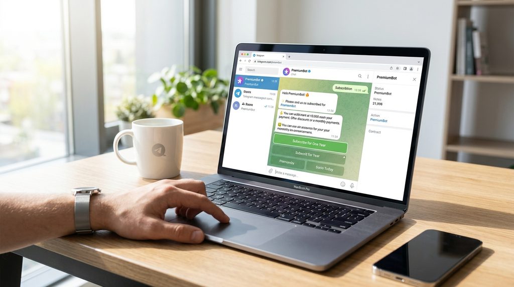 笔记本电脑屏幕显示纸飞机网页版和PremiumBot对话框,画面光线明亮,展现用户在进行订阅操作的情
