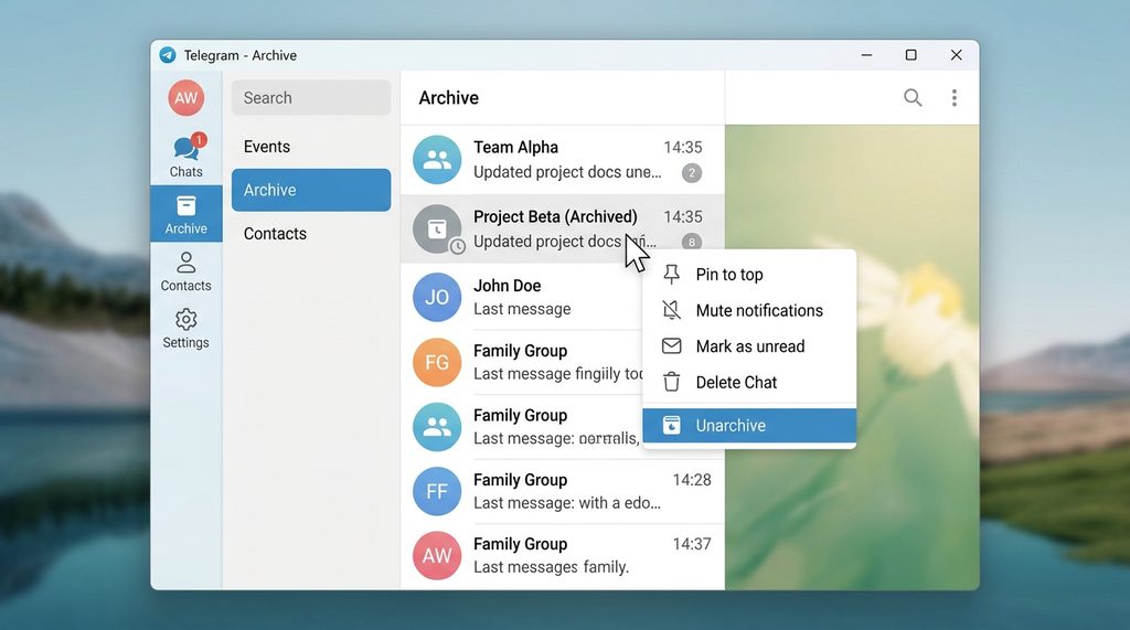 电脑桌面端鼠标右键点击聊天对话框,弹出的菜单中选中“移出归档”选项的界面截图