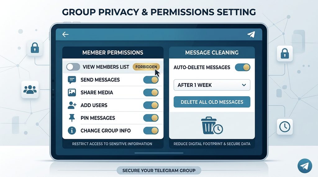 纸飞机群组权限设置菜单界面，展示成员权限与消息清理选项，简洁专业风格