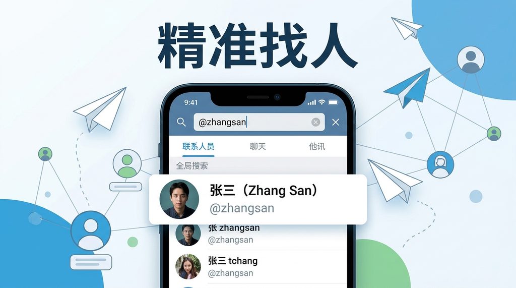 纸飞机手机端搜索界面演示,搜索框中输入以@开头的用户名,下方显示匹配的好友头像和账号详情,界面清晰简