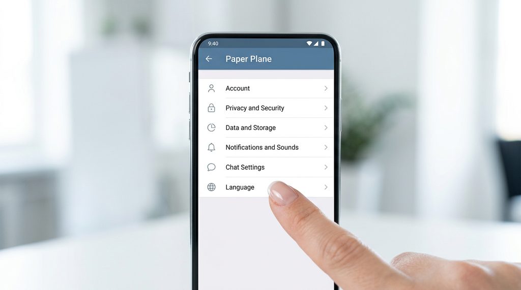 一部智能手机显示纸飞机应用界面,屏幕上显示设置菜单,手指正指向Language选项区域,简洁明亮的摄