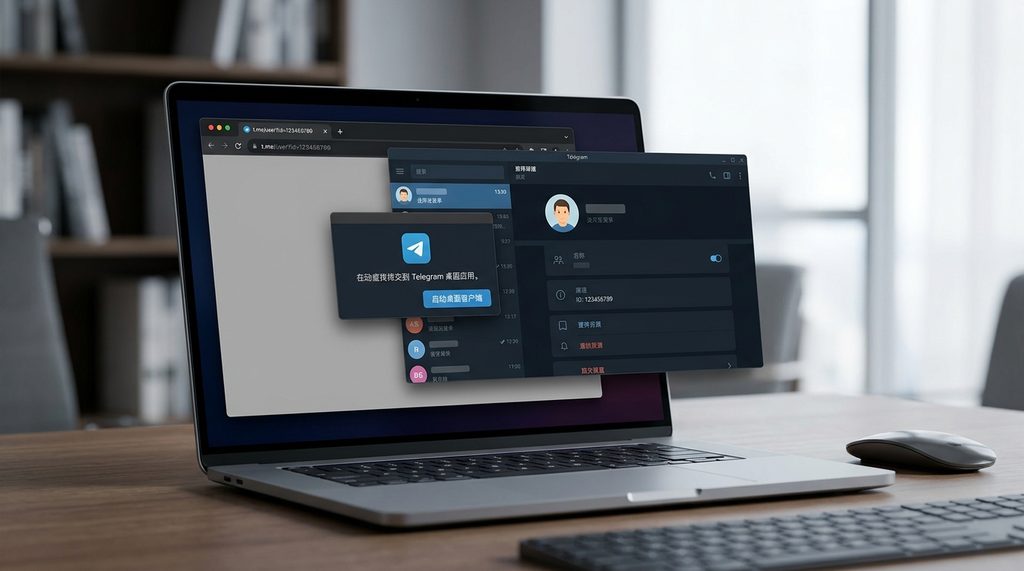 用户在电脑端使用浏览器访问t.me链接的界面,弹窗提示跳转至纸飞机桌面客户端,屏幕显示特定用户资料详