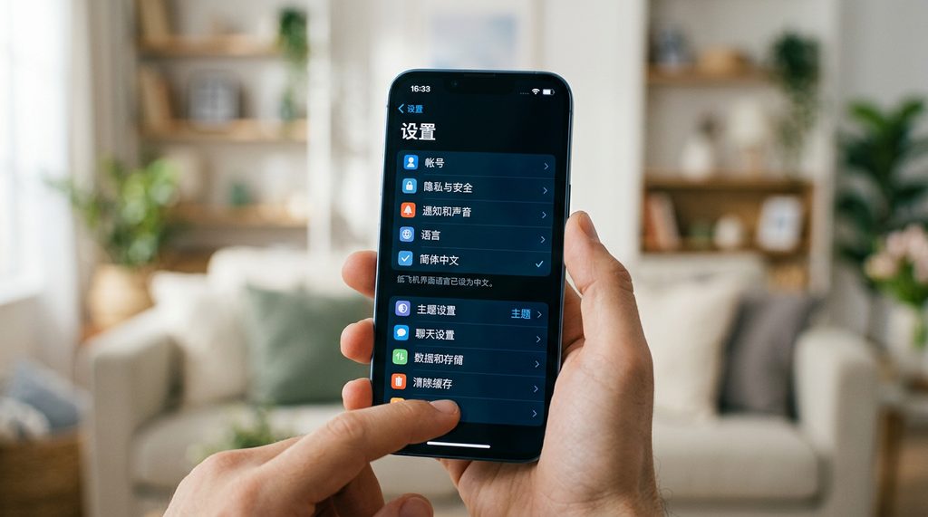 纸飞机软件设置界面的特写,显示中文语言设置成功的界面,背景模糊,现代化的UI设计风格