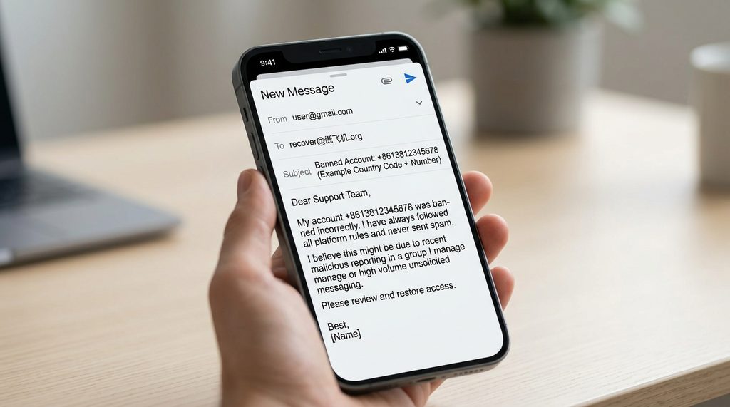 一个正在打开邮件客户端准备发送申诉邮件的手机屏幕特写,背景简洁,光线柔和
