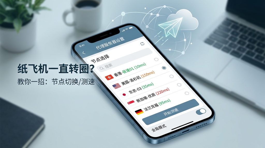 手机屏幕显示代理软件节点选择界面,列表显示不同地理位置的延迟数据,界面简洁明了