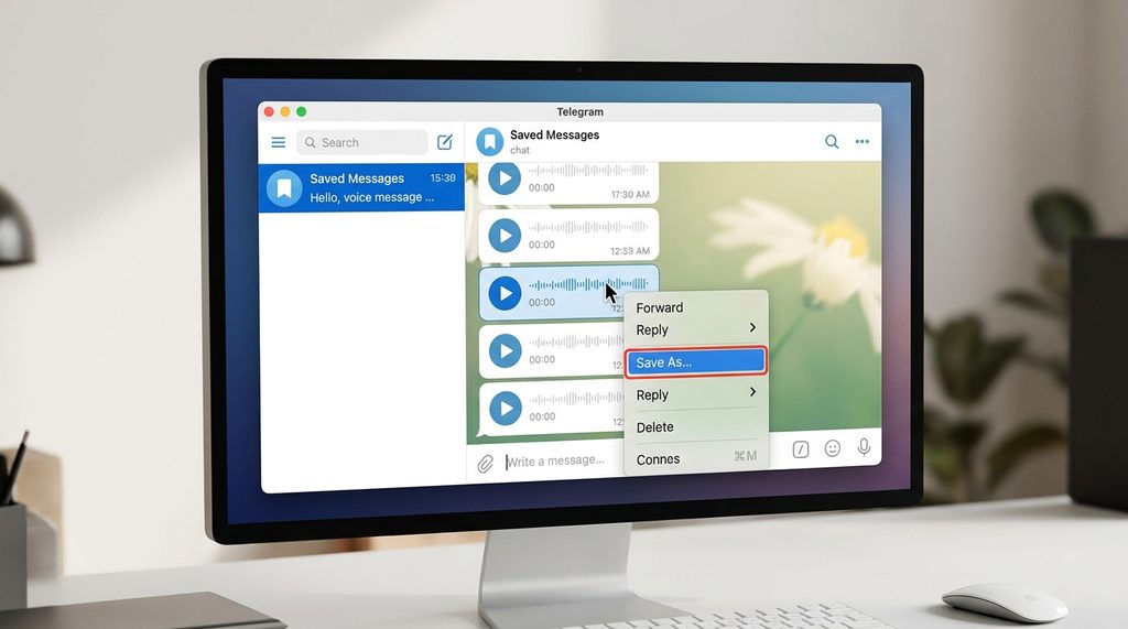 电脑桌面端纸飞机界面，鼠标右键点击语音消息弹出另存为菜单的操作示意图