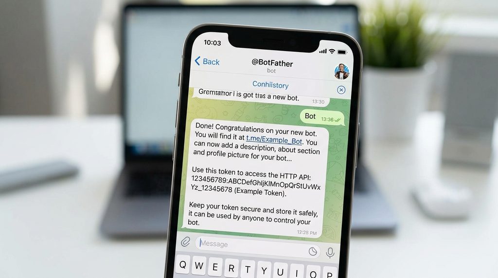 在智能手机上操作BotFather创建新机器人的界面，显示API Token生成页面，简洁明了