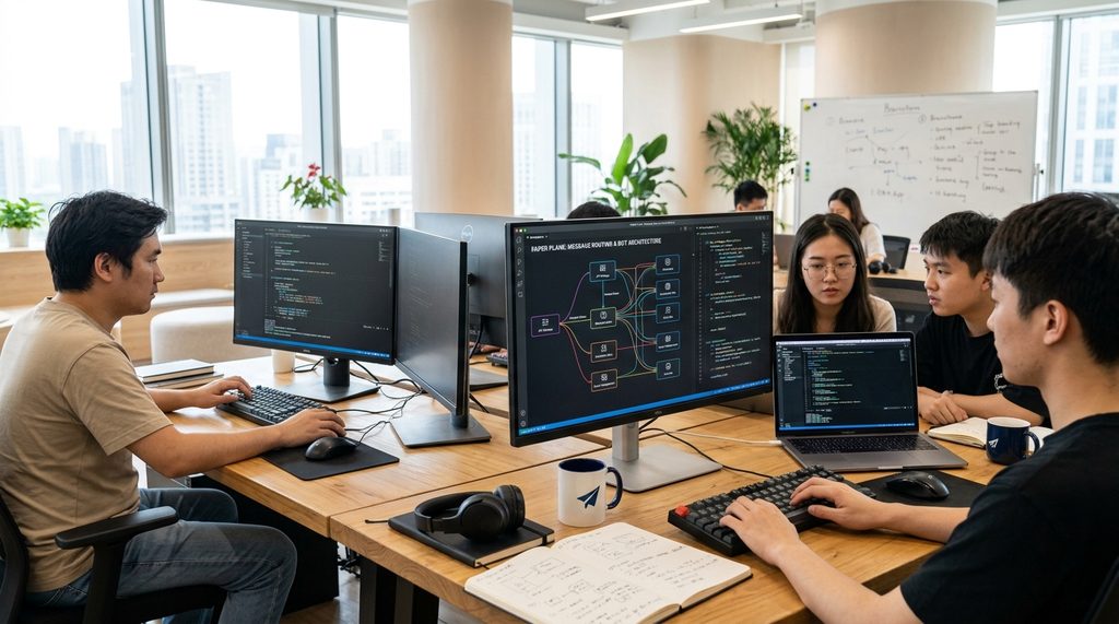 一间光线充足的现代简约办公室,桌面上摆放着多台显示器,屏幕上显示着复杂的代码编辑器和纸飞机架构流程图