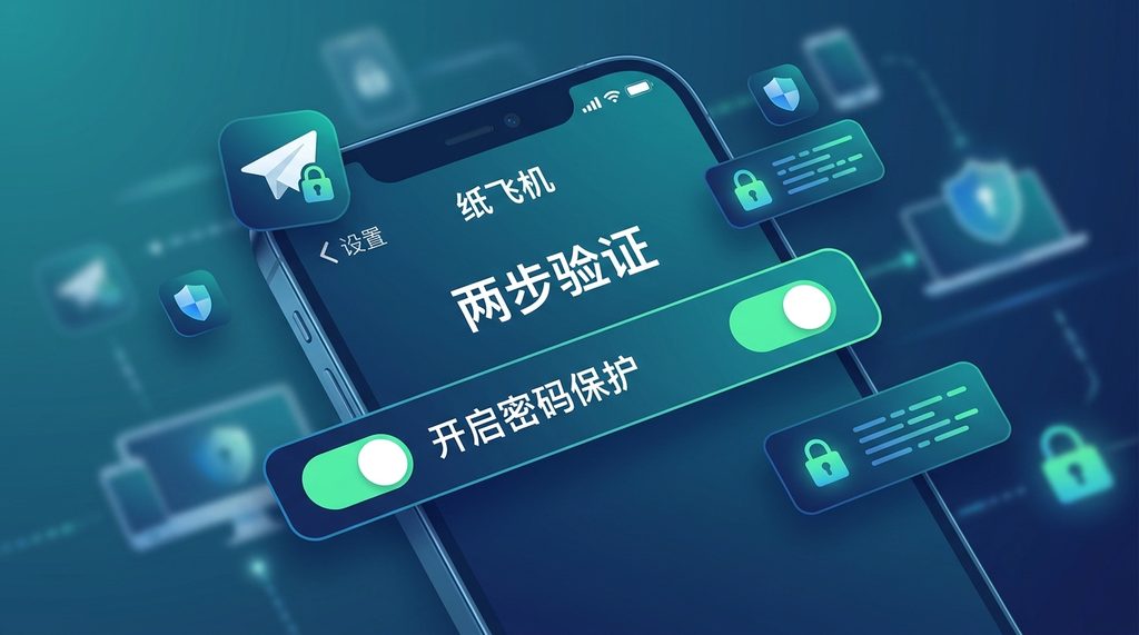 纸飞机两步验证设置界面，展示开启密码保护的选项开关