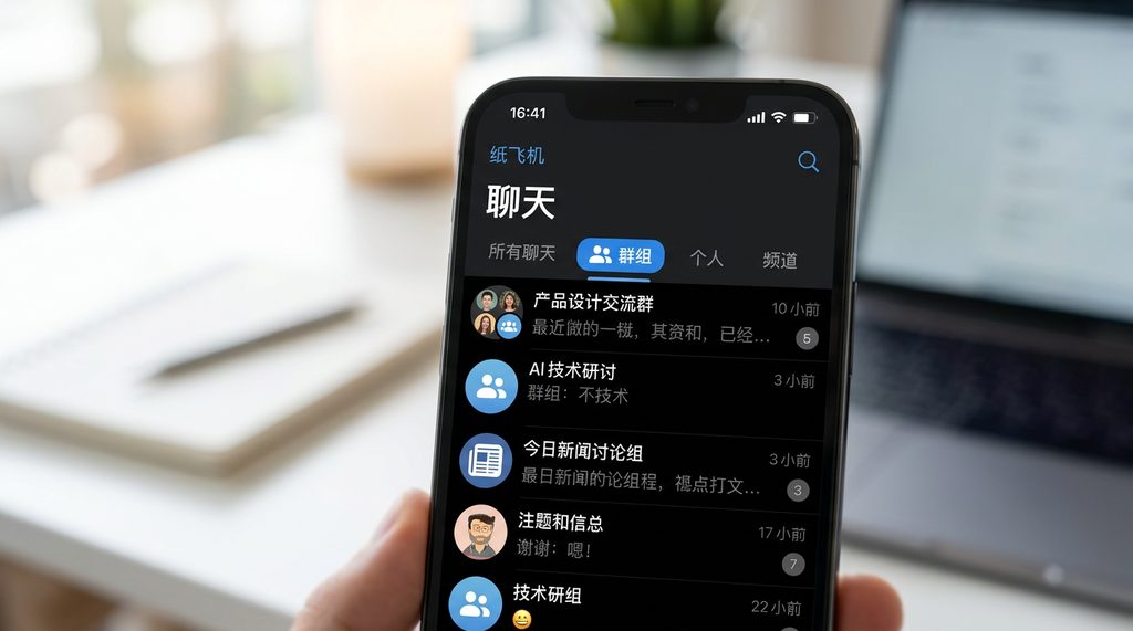 纸飞机应用程序顶部的聊天文件夹分类设置界面,显示群组、个人和频道标签的清晰视图