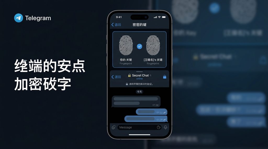 一张展示纸飞机加密聊天界面,上方显示着独特的指纹密钥对比图,背景简洁,界面处于暗色模式