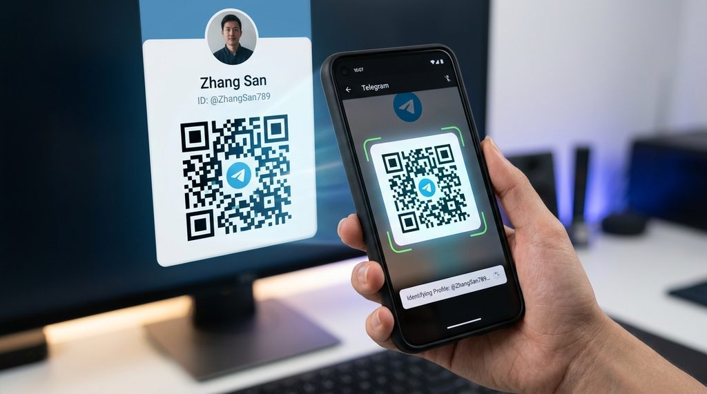 一部智能手机正在使用纸飞机App扫描屏幕上的个人名片二维码，界面显示正在识别账号信息的特写