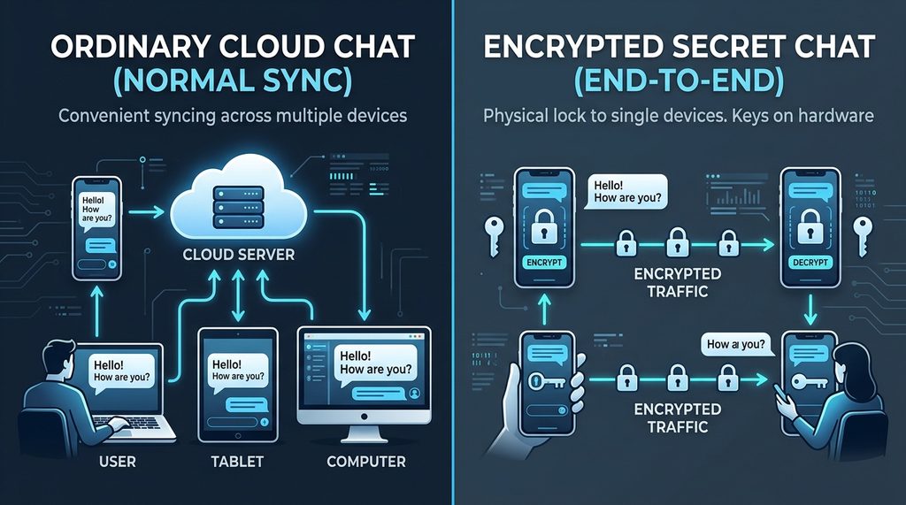一个简易的流程对比图,左侧显示普通云端聊天的多设备同步,右侧显示加密聊天仅限单对单设备的物理锁定示意