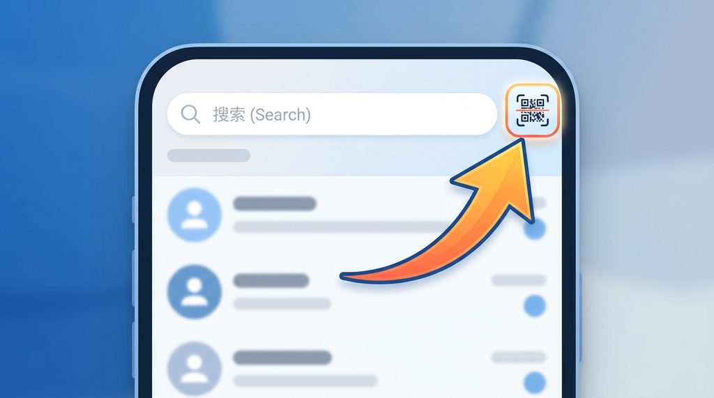 纸飞机App内点击搜索框旁边的扫码图标的操作示意图，箭头指向明确，UI简洁清晰