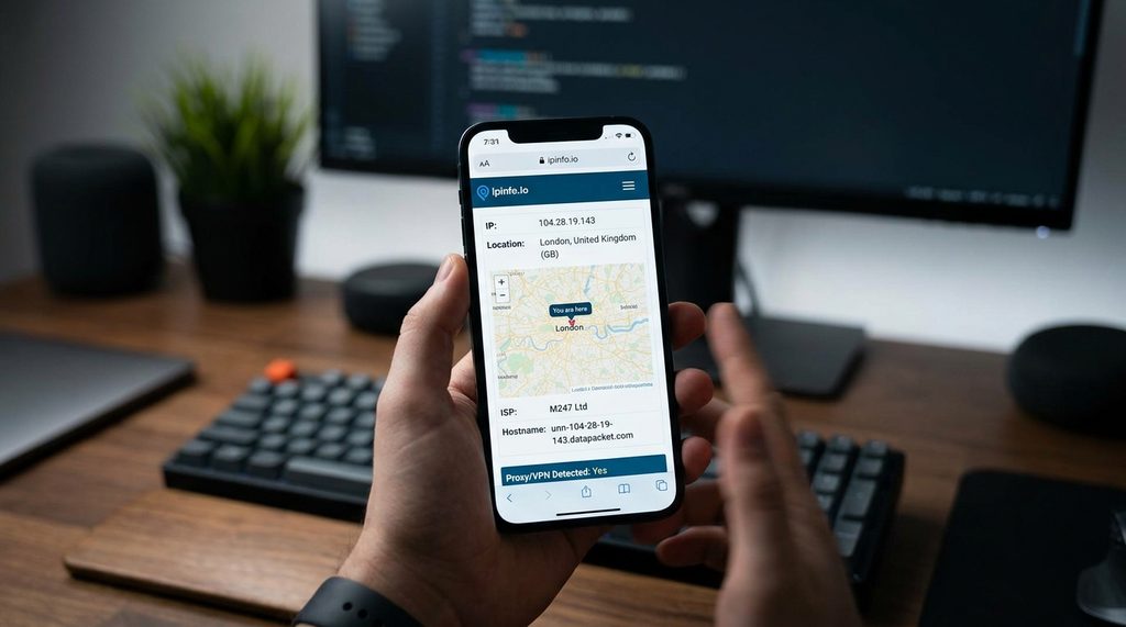 一张展示手机屏幕界面，正在通过浏览器工具测试当前连接网络地理位置的实拍图