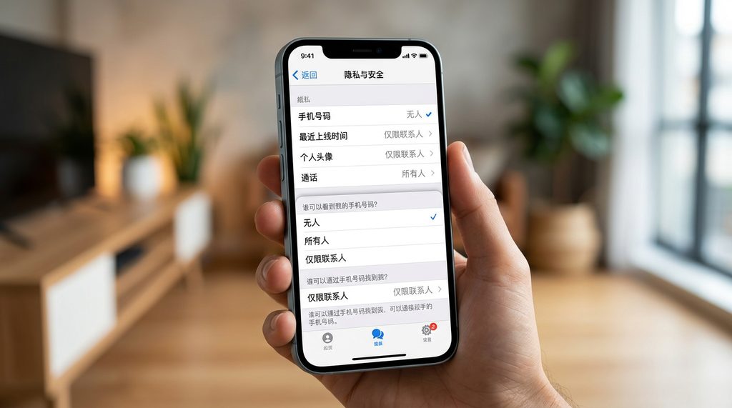 智能手机屏幕展示纸飞机隐私与安全设置界面，突出手机号隐藏选项，现代极简风格，高清拍摄效果