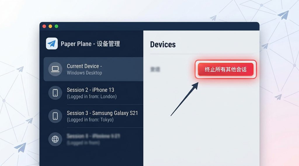 纸飞机客户端“设备”管理页面示意图，显示已登录设备的列表，并高亮“终止所有其他会话”按钮