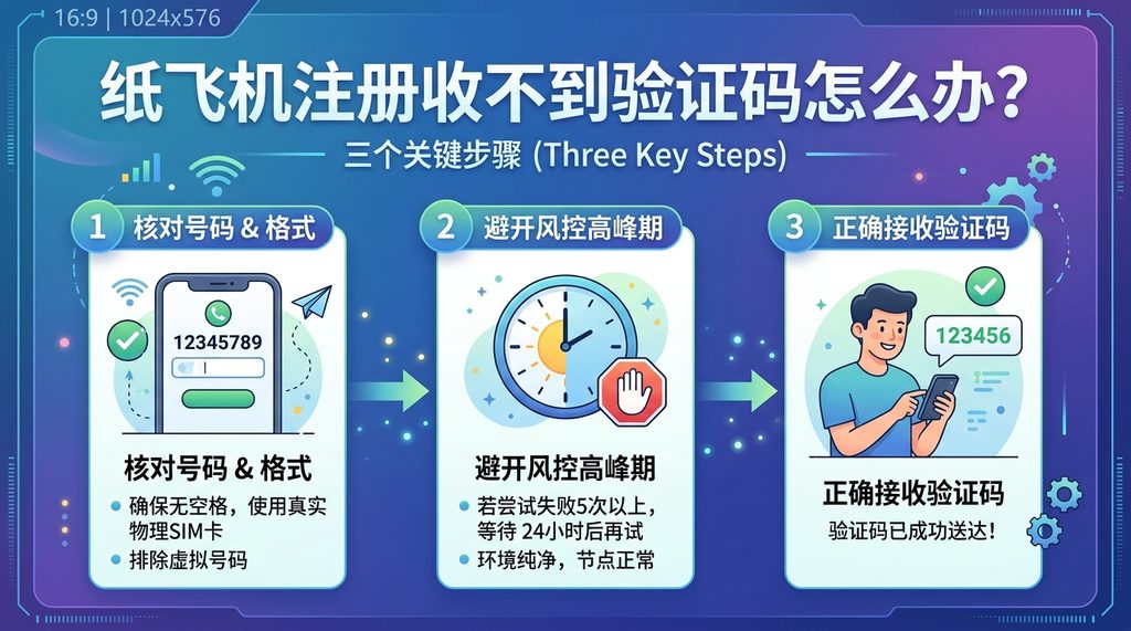 一个简化的流程图，展示从核对号码到正确接收验证码的三个关键步骤