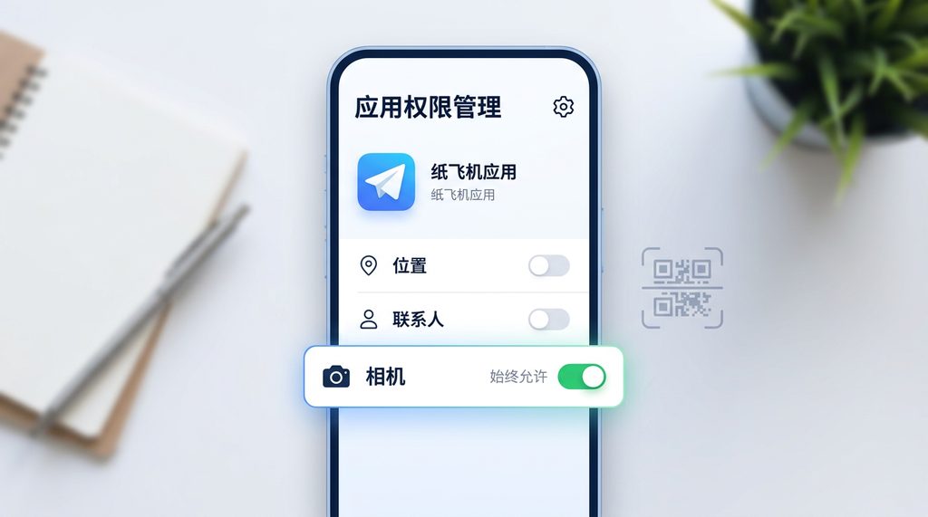 智能手机设置界面，展示应用权限管理中相机权限开启的状态，清晰简洁的UI设计