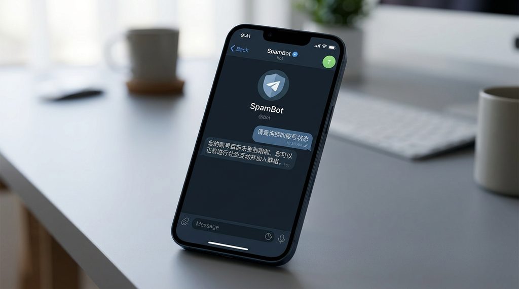 一个手机屏幕界面，显示纸飞机官方的SpamBot对话窗口，正在查询账号状态的截图