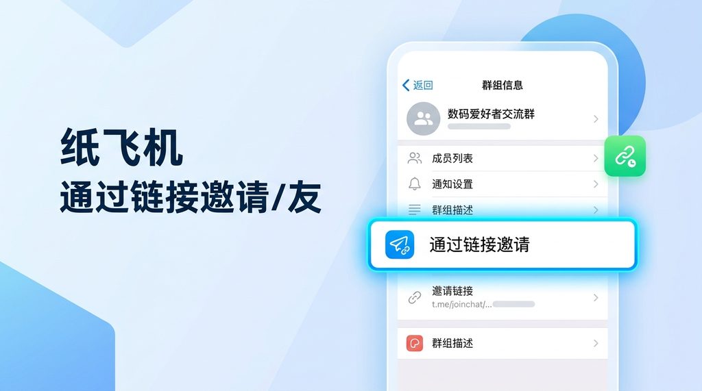 纸飞机群组信息设置界面，高亮显示邀请链接生成入口，简洁明了的UI设计