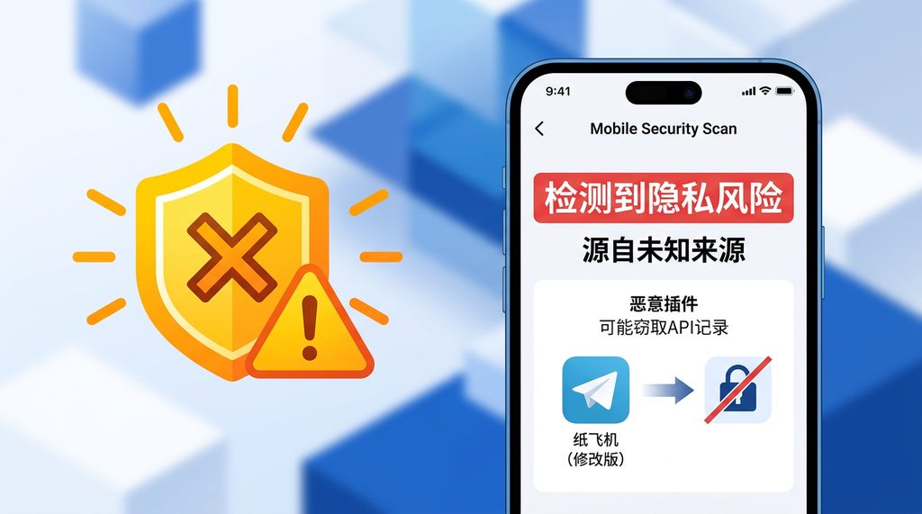 一个警示图标，旁边展示着手机安全扫描界面，显示“源自未知来源，存在隐私风险”的提示，风格简洁清晰