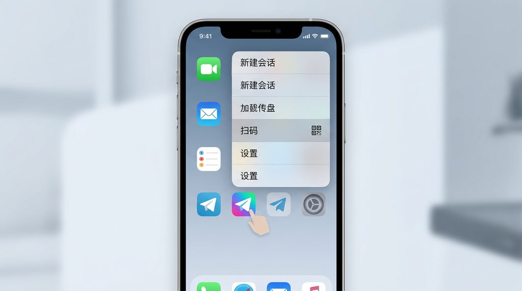 手机屏幕截图，展示在主界面长按软件图标后弹出的快速操作菜单，包含扫码入口
