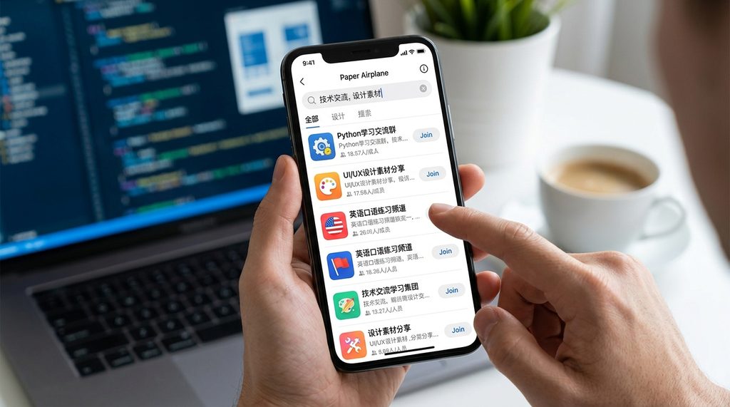 用户在纸飞机软件搜索栏输入关键词，下方弹出多个活跃群组和频道列表，界面清晰易懂