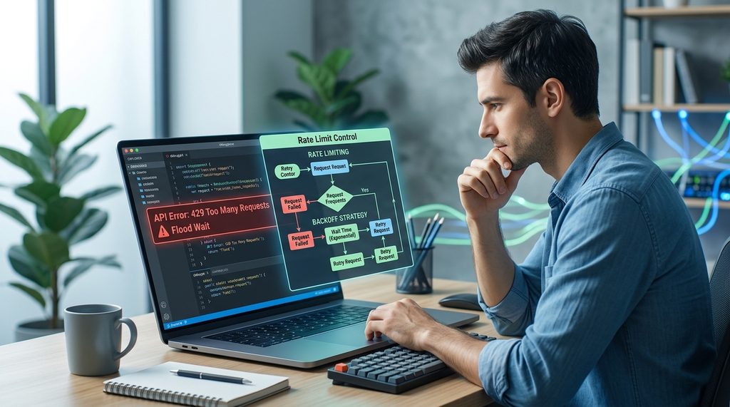 程序员在笔记本电脑上检查代码逻辑,屏幕显示错误代码提示与流量控制流程图