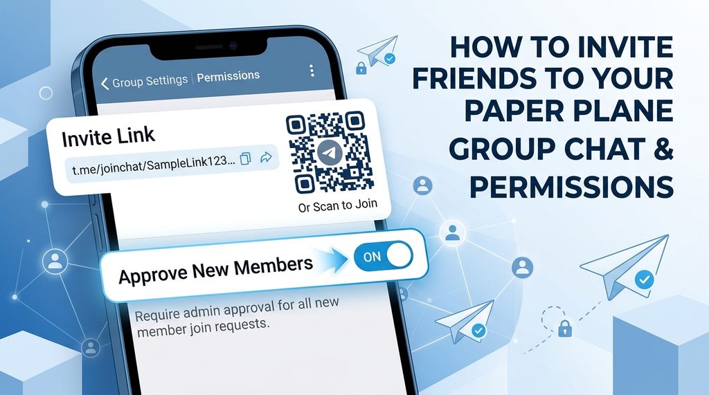 纸飞机群组管理权限设置页面，清晰展示邀请链接与群成员审核开关