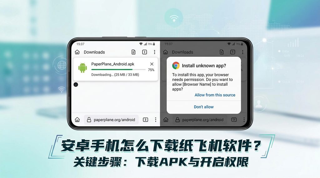 安卓手机屏幕截图，展示从官方浏览器下载 APK 的进度条和系统弹出的安装许可确认框