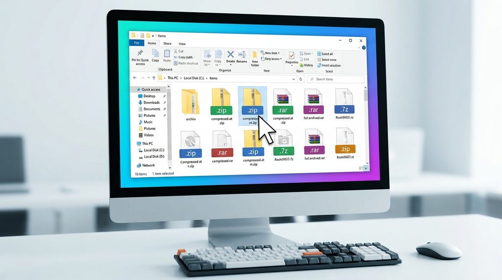 一台电脑显示屏上打开了文件管理器,界面展示出多个带有压缩包图标的文件,鼠标悬停在其中一个 .zip