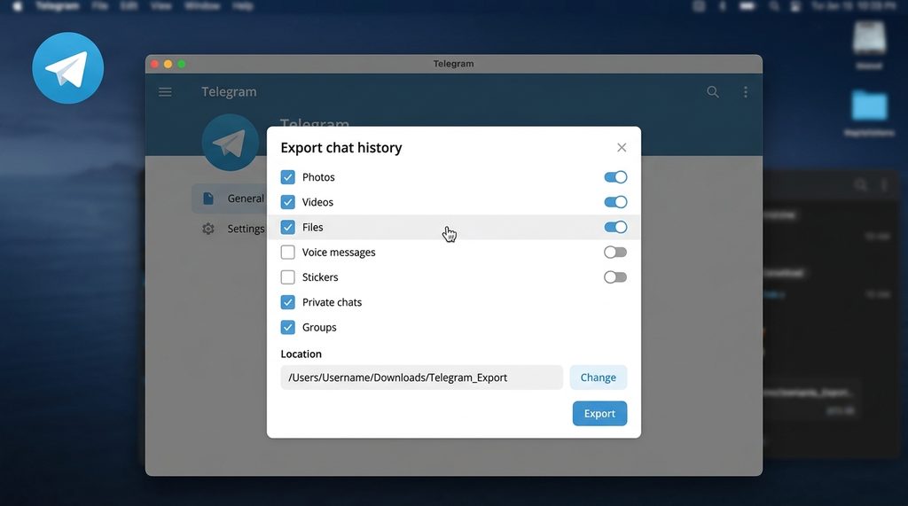 展示纸飞机桌面端导出聊天记录的设置界面，勾选文件下载选项的截图