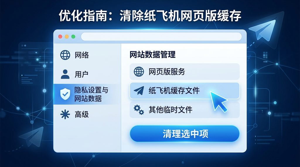 一张简洁的浏览器设置界面示意图，突出显示了隐私设置与网站数据管理选项，背景呈现科技蓝调风格
