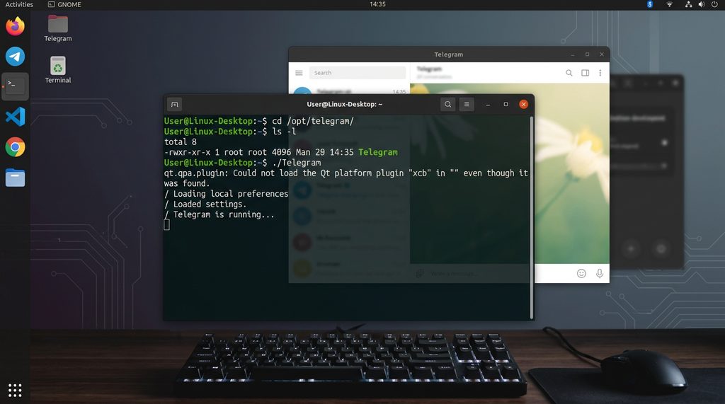 一个 Linux 终端界面,正在通过命令行运行 Telegram 程序,背景是简洁的深色桌面环境
