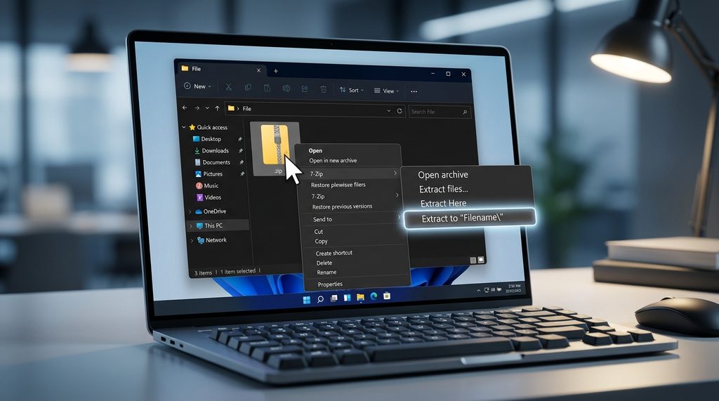 电脑屏幕特写,显示鼠标右键点击压缩文件后,弹出的 7-Zip 解压菜单选项,操作逻辑清晰可见