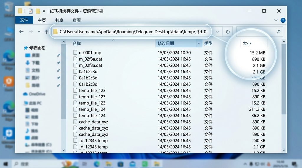 Windows资源管理器中显示纸飞机缓存文件夹路径及文件列表的截屏