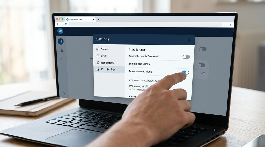 在电脑屏幕上，用户调整纸飞机网页版设置菜单的局部细节特写，清晰展示了关闭自动媒体下载开关的勾选项
