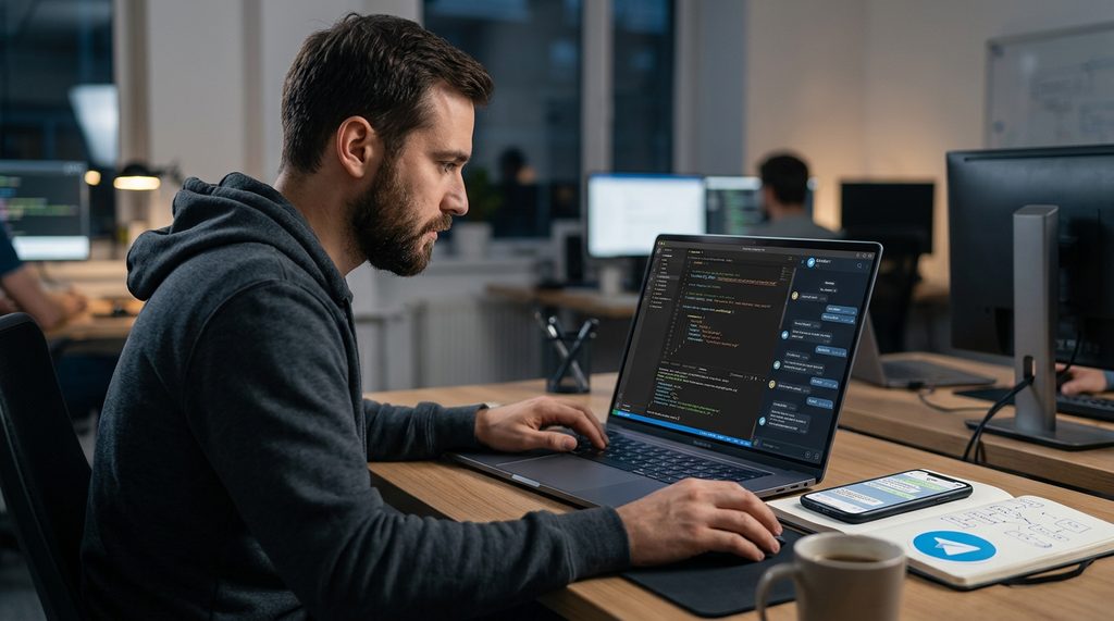 程序员在笔记本电脑上调试 Telegram 机器人代码,屏幕显示复杂的 API 调用逻辑