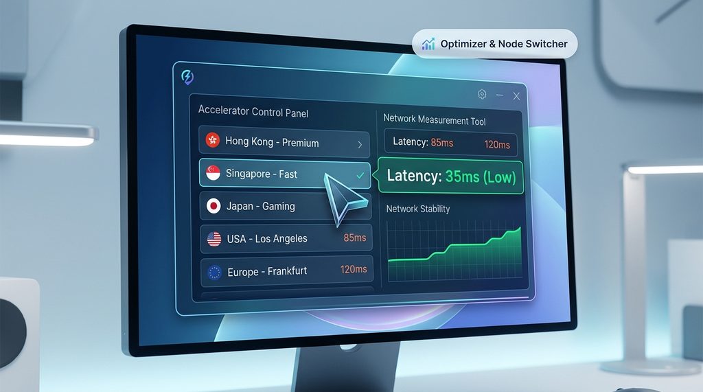 一张简洁的电脑屏幕截图，展示正在切换加速器节点，显示网络延迟测速界面，配色为冷色调科技风格